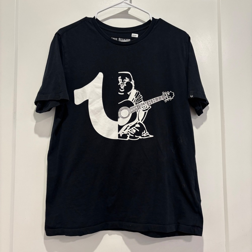 True Religion Mens World Tour Buddha Horseshoe Graphic T-Shirt Black Size M